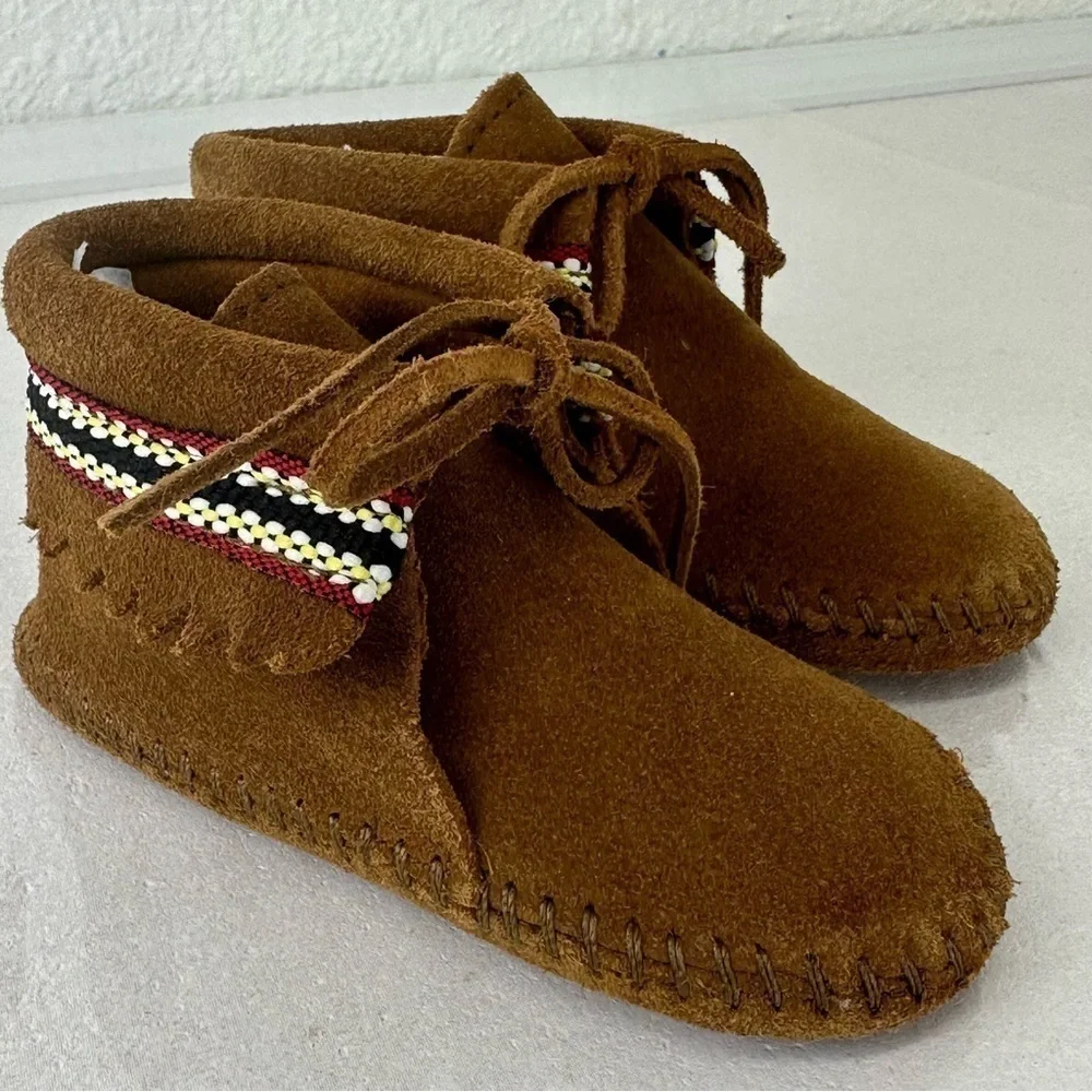 MINNETONKA Moccasins Suede Braid Bootie Brown Infant Size 6 Boots Leather